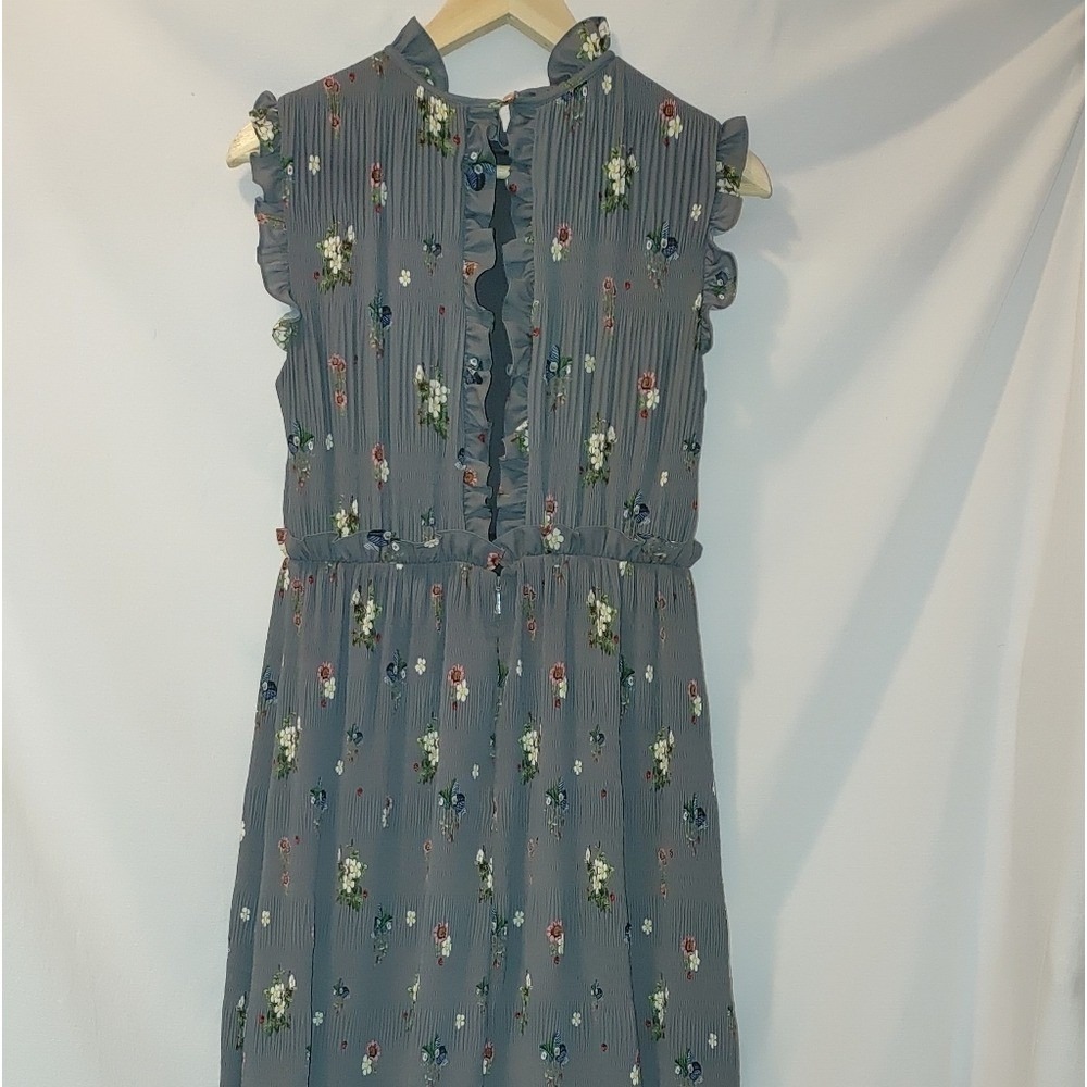 Ted‎ Baker Oracle Mock Neck Midi Ruffle Gray Pleated Sleeveless Cream Floral 1 4 - Picture 5 of 15